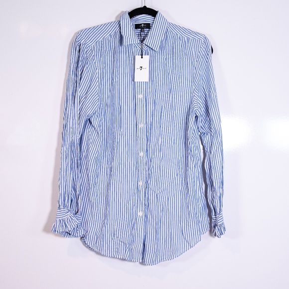 NEW 7 For All Mankind Blue White Stripe Print Collared Button Down Blouse Shirt - Picture 1 of 4